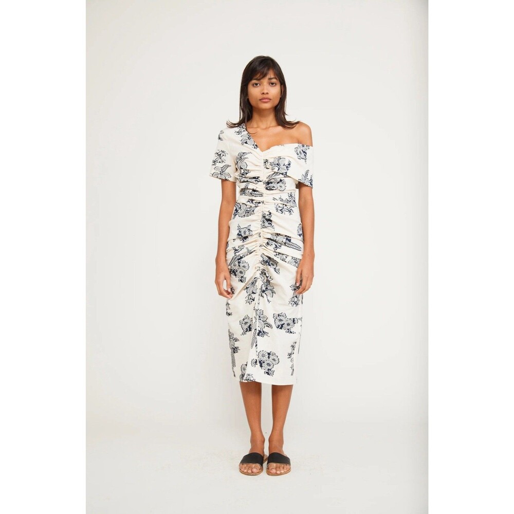 Sea New York Josephine Cream Blue Floral Embroidered Pencil Midi Dress Ruched 10